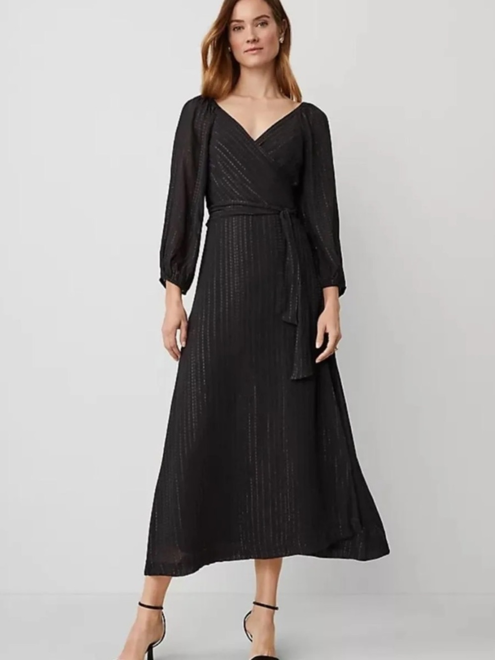 Ann Taylor Metallic Black Long Sleeve Wrap Midi Dress